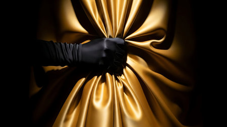 Hand in black glove pulling rich golden satin fabric in dark settingの素材