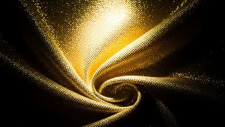Abstract swirl of golden glitter fabric texture illuminated by lightの素材