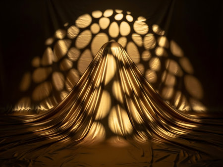 Golden fabric draped under dramatic light with an abstract shadow patternの素材