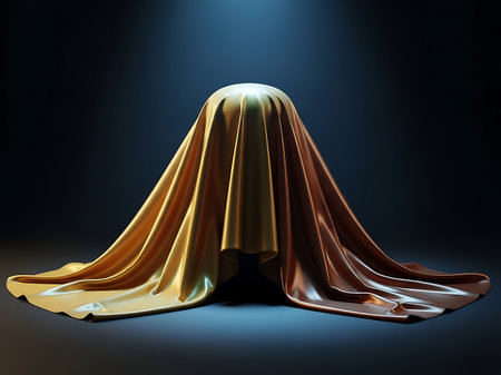 Golden silk cloth draped over an object under dramatic spotlightの素材