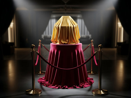 Secret object reveal under spotlight with velvet rope barrierの素材