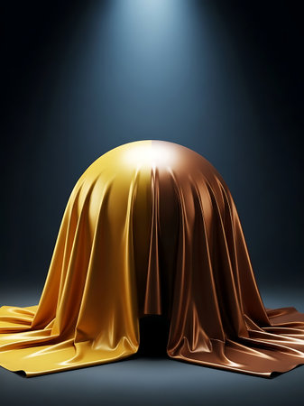 Golden sphere covered by luxurious silk fabric under spotlightの素材