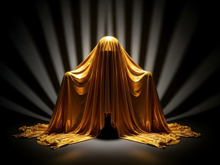 Mysterious object draped in luxurious golden fabric under spotlightの素材