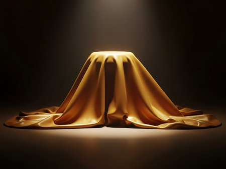 Golden fabric draped over an object under dramatic spotlightの素材