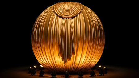 Giant golden egg sculpture illuminated dramatically on dark stageの素材