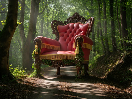 Ornate red velvet armchair sitting alone on a forest pathの素材