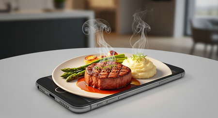 Hot steak dinner served on a plate resting on a smartphoneの素材
