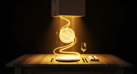 Glowing energy beam delivers plate from box to dark table settingの素材