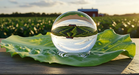 Crystal ball reflecting a farm field on a large green leafの素材