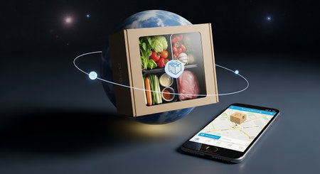 Global food delivery service concept with fresh meal box and phoneの素材