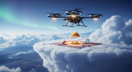 Drone delivery service bringing food to a picnic on cloudの素材