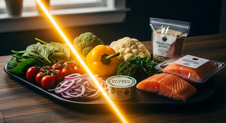 Healthy meal prep ingredients including salmon, vegetable, and grainの素材