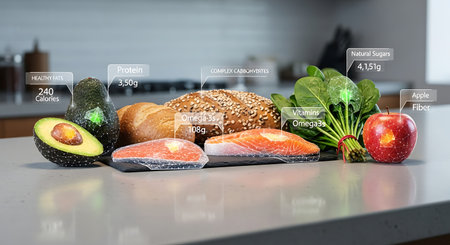 Healthy food selection with digital nutrition information overlayの素材