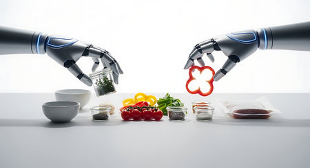 Robot hand preparing fresh vegetable ingredient for automated cookingの素材