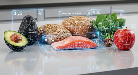 Healthy food selection with digital interface overlay on counterの素材