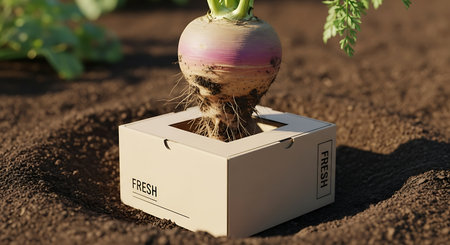 Fresh turnip being harvested from soil with a small cardboard boxの素材