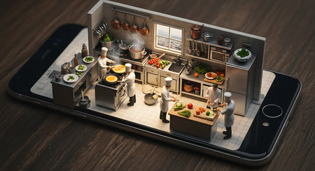 Miniature chef team cooking inside a smartphone screen displayの素材