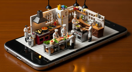 Miniature chef team cooking inside a smartphone screen displayの素材