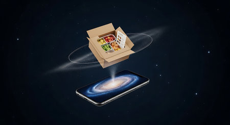 Food delivery from smartphone appearing as galaxy in space conceptの素材