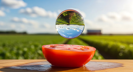 Water droplet reflecting nature above half a fresh tomatoの素材