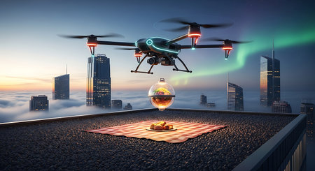Drone delivery of glowing sphere above rooftop with city skylineの素材