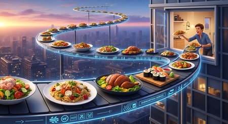 Man receiving endless food delivery via conveyor belt from highriseの素材