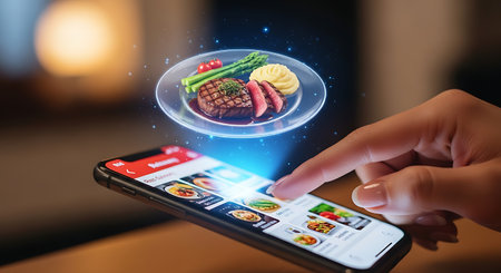 Hand interacting with smartphone app showing holographic steak dinnerの素材