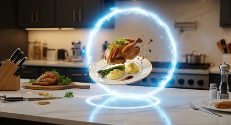 Roasted chicken dinner levitating inside a glowing blue energy fieldの素材