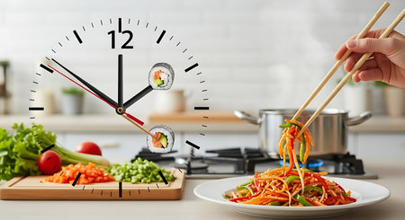 Clock face with sushi replacing numbers over cooking noodles and vegetablesの素材