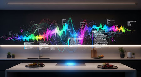 Futuristic kitchen counter with holographic sound wave city projectionの素材