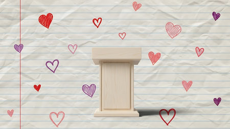 Wooden podium on crumpled paper background with hand drawn heartの素材