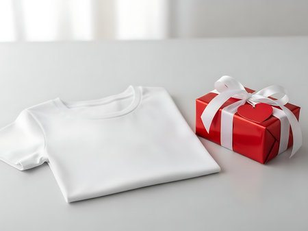 Blank white tshirt mockup next to a red gift box with ribbonの素材