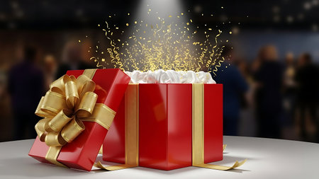 Open red gift box with gold ribbon releasing sparkling confetti lightの素材