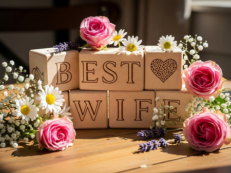 Wooden blocks spelling best wife surrounded by pink rose flowerの素材