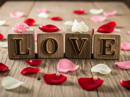 Wooden block spelling love with rose petals on wood surfaceの素材