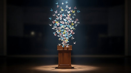 Colorful butterflies emerging from a wooden pedestal in dark roomの素材