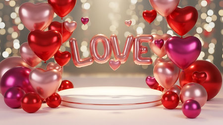 Romantic stage with heart balloons and love word for valentineの素材