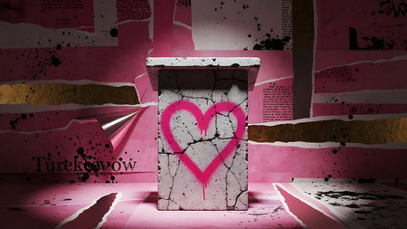 Pink heart graffiti on cracked pedestal in grunge pink roomの素材
