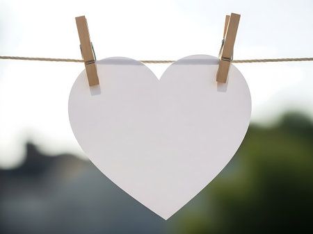 White heart shape note hanging on a clothesline with clothespinsの素材