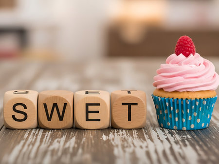 Wooden block spelling sweet next to a delicious raspberry cupcakeの素材