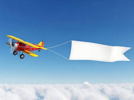 Biplane airplane towing a blank white banner across blue skyの素材
