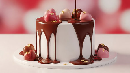 Delicious white cake with chocolate drip and heart candy toppingの素材