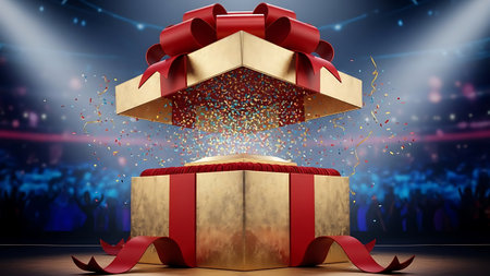 Golden gift box opening with confetti explosion on stageの素材