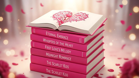 Stack of pink romance books with heart design on open bookの素材