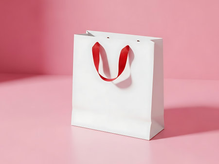 White gift bag with red ribbon handle on pink backgroundの素材