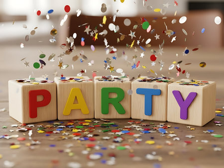 Wooden block spelling party with colorful confetti falling downの素材