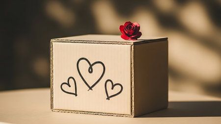 Small cardboard gift box with handdrawn hearts and a red roseの素材