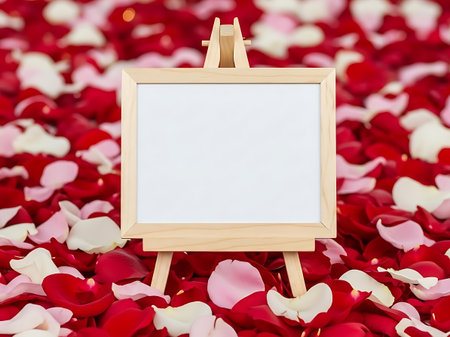 Blank small wooden easel sign mockup on bed of red and pink rose petalの素材