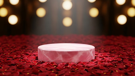 Pink marble podium on red rose petal floor with bokeh lightの素材