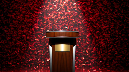 Empty wooden podium illuminated under falling red confetti backgroundの素材